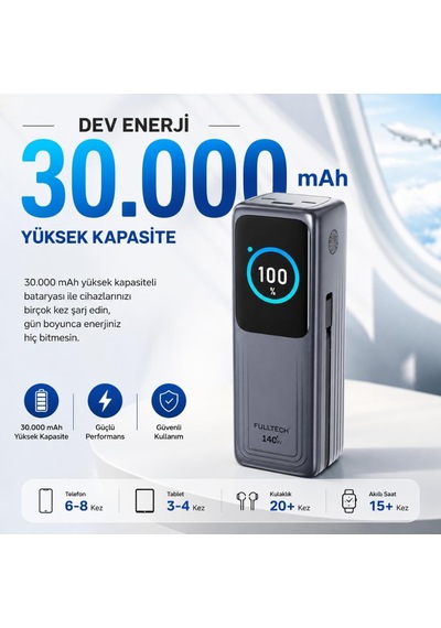 Yüksek Hızlı Powerbank, Dijital Göstergeli Powerbank, 30.000 Mah Batarya, 140w Hızlı Şarj, 2x Type-c Girişi, 1x