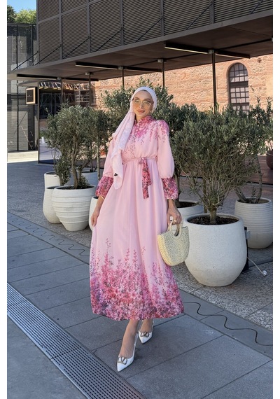 Riella Butik Çiçek Desenli Tesettür Elbise Pembe