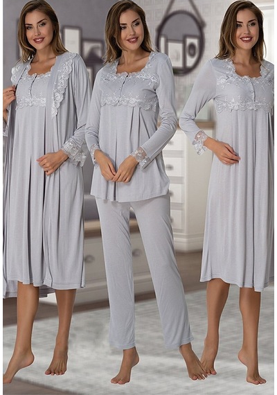 Effortt 2405-g Sabahlık Gecelik Pijama Gri