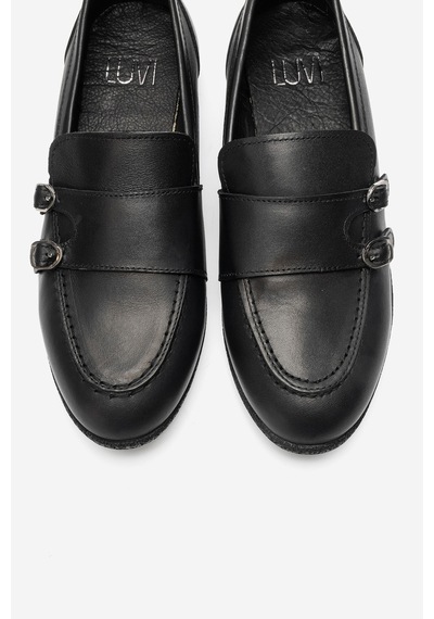 Luvi Shoes Daly Siyah Cilt Hakiki Deri Tokalı Kadın Loafer Ayakkabı