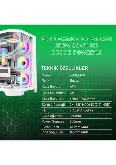 Gameagle EDGELPW Edge 7 Argb Fanlı Gamer Pc Kasası 850w 80+ Plus Bronz Power'lı Beyaz