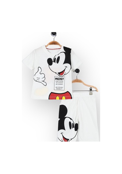Lolliboomkids Yeni Sezon Unisex Beyaz Renk Üzeri Mickey Baskılı Sırt Detaylı Tshirt Şort Alt Üst Takım Beyaz