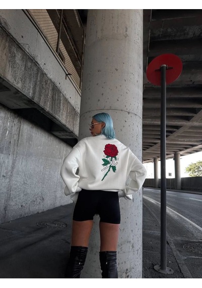 Mbb E-ticaret Kadın 3 İplik Pamuklu Bisiklet Yaka Gül Baskılı Sweatshirt - Beyazbeyaz Beyaz