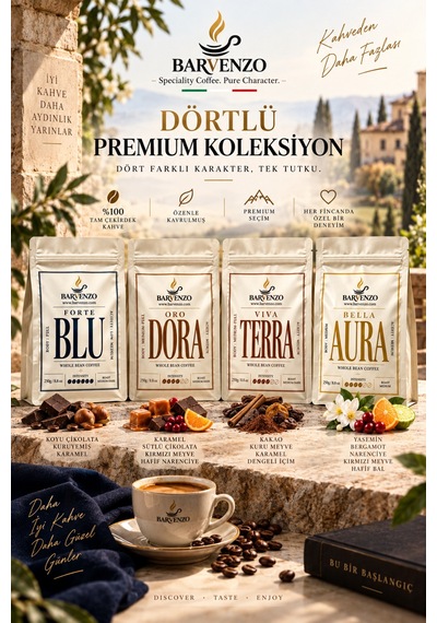 Barvenzo Dörtlü Premium Serisi 250 G 4 Forte Blu + Oro Dora + Viva Terra + Bella Aura Moka Pot