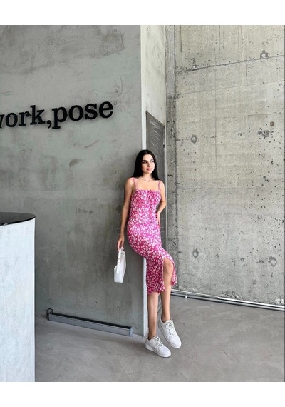 Kazax Kaşkorse Desenli Askılı Elbise Pembe