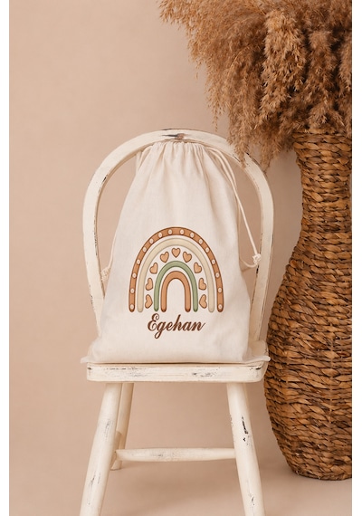 İsme Özel Erkek Bebek Çocuk Kıyafet Kesesi 30x40 Cm %100 Pamuk Ham Bez İsim Baskılı Yıkanabilir Kişiye Özel Kese 1047kk Ekru