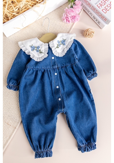 Baby Mod Fistolu Bebe Yaka %100 Pamuk Denim Kız Bebek Kot Tulum Mavi