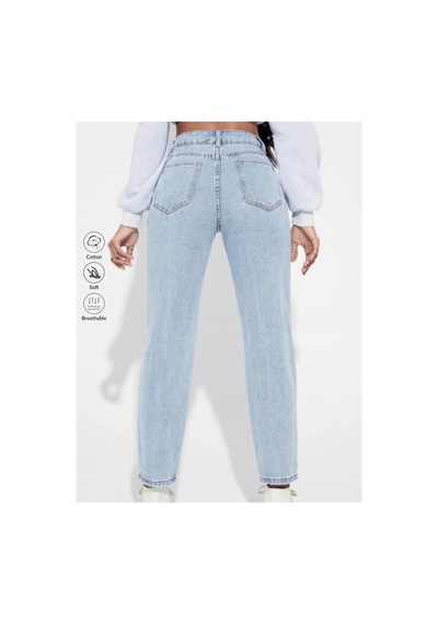 Kene Jeans Yüksek Bel Buz Kar Tam Kalıp Mom Jeans Buz Kar
