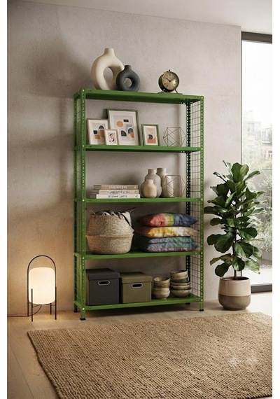 5 Katlı Renkli Tel Kafesli Dekoratif Çelik Raf - Çiçeklik Rafı, Ofis Rafı 0,70 Mm Sarı-31x93 Cm-250 Cm