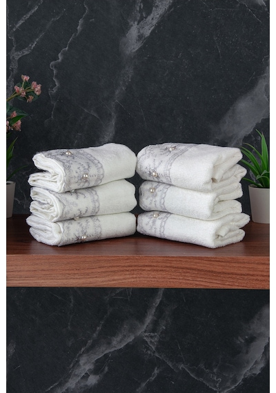 % 100 Pamuklu Kadife Güpürlü İnci Işlemeli 6 Lı Çeyizlik El Yüz Havlu Seti - 30x50 Cm - 04466 - Gri Gri