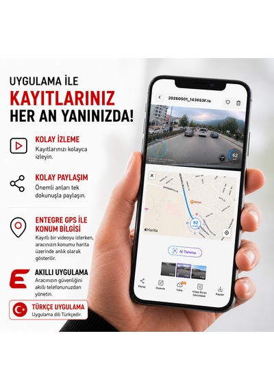 Emenec Eak-4100 4k Ultra Hd Akıllı Çift Araç İçi Kameras Seti - Türkçe Menü Ve Uygulama, Gps, Wi-fi, Park Modu + 64gb Kart