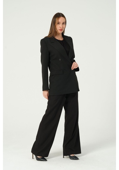 Siyah Regular Astarlı Kruvaze Kapama Dokuma Blazer Ceket 001