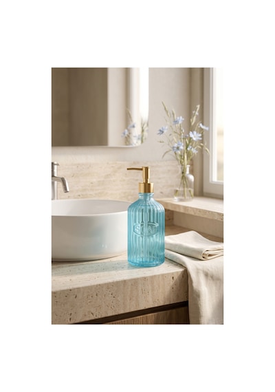 Glassy Dekoratif Cam Sabunluk Gold Pompalı Vintage Çizgili Sıvı Sabun Ve Deterjan Dispenseri - 21.5 Cm X 8 Cm - Turkuaz