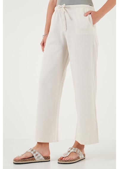 Lela Keten Karışımlı Regular Fit Normal Bel Geniş Paça Bayan Pantolon 5866030 Bej