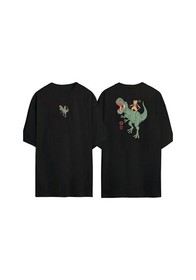 Thewert Unisex Dinazor Ve Cat Ön Arka Baskılı Sıyah Oversize T-shirt Siyah