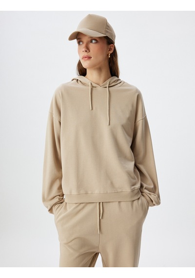 Koton Kapşonlu Sweatshirt Basic Uzun Kollu Üç İplik Pamuklu Bej 5wak10223ek Ekru