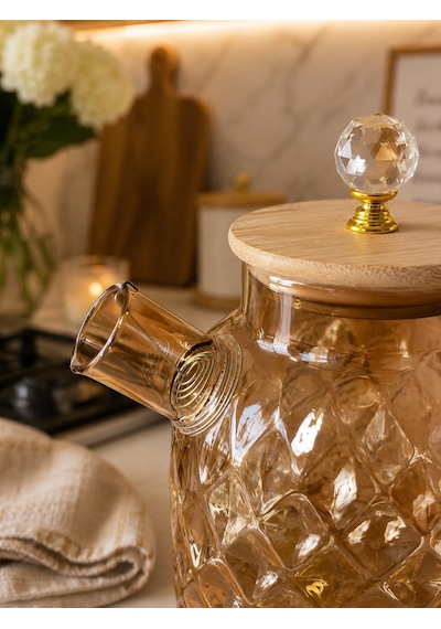 Qerhome Ateşe Dayanıklı Borosilikat Cam Demlik 1800 Ml Bambu Kapaklı Amber Cam Sürahili Çaydanlık Dh-43