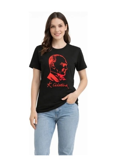 Hazego Atatürk Baskılı Tişört Kısa Kollu Bisiklet Yaka T-shirt - Siyah