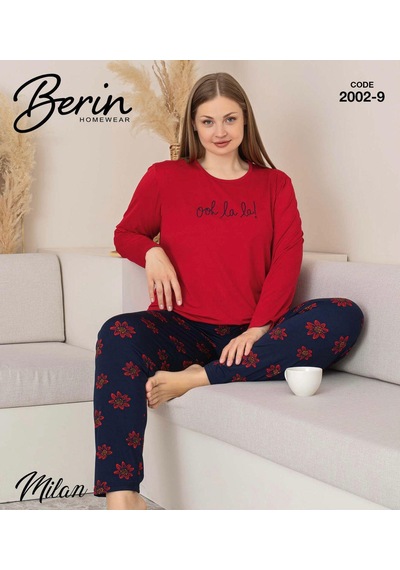 Berin Kadın Battal Viskon Milan Kumaş Mevsimlik Uzun Kol Pijama Takımı 2002 Kırmızı