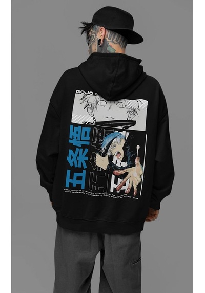 Sevbano Anime Tasarım Baskılı Unisex Oversize Gojo Satoru Karakter Hoodie Siyah