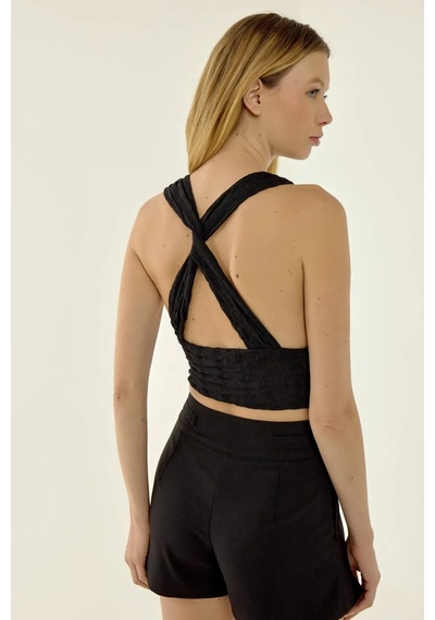 Hiccup V Yaka Çapraz Sırt Detaylı Crop Top Siyah