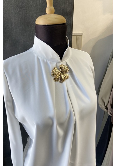 Pera Moda Gold Broş Detaylı Şık Bluz Gömlek Beyaz