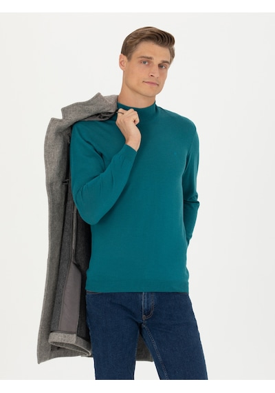 Cacharel Açık Petrol Slim Fit Bisiklet Yaka Basic Triko Kazak
