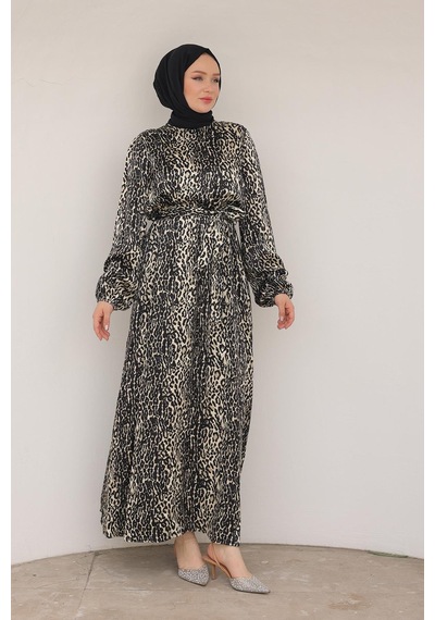 Armine Trend Leopar Desenli Beli Kemerli Elbise Siyah 24kt904 Siyah