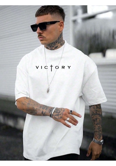 Victory Baskılı Süprem Beyaz T-shirt - Oversize Bisiklet Yaka Tişört Beyaz-280644 Victory Baskılı Süprem Beyaz T-shirt - Oversize Bisiklet Yaka Tişört Beyaz-280644