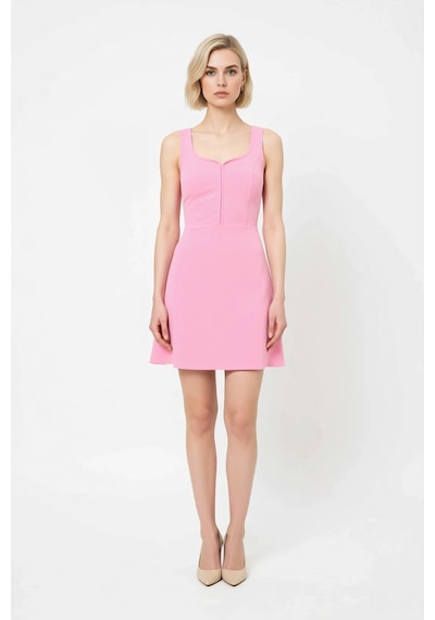 Benerly Kadın Kalp Yaka Kolsuz A Kesim Kısa Esnek Dokuma Elbise Polyester Açık Pembe