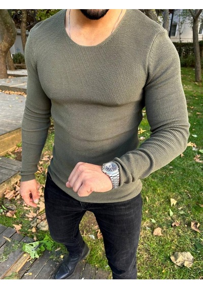 Elku Moda Kazak Örme Tüylenmez Naturel Pamuk Kazak Slim Fit Triko Dar Kesim Body Kazak Haki - Yeşil