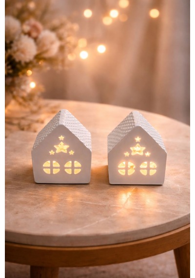 Dekoratif 2 Li Ev Mumluk + 2 Adet Tealight Mum Taş Tozu Ev Dekoru Beyaz