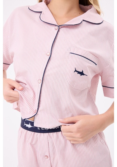 Lespadon Marısılk Seastrıpe Kadın Yazlık Şortlu Crop Gömlekli Pijama & Lounge Takımı-3176 Pudra