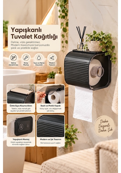 Porsima 5351 Still Yapışkanlı Banyo Tuvalet Kağıtlığı - Duvara Monte, Kapaklı Ve Raflı Tuvalet Kağıdı Aparatı Siyah