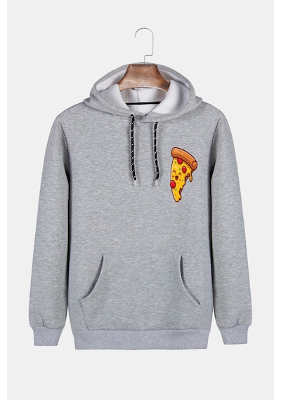 Unisex Gri Kapüşonlu Pizza Dilimi Baskılı Slim Fit Kanguru Cepli Sweatshirt Gri