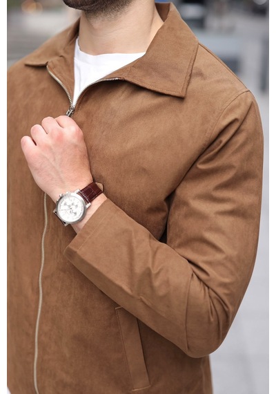 Madmext Camel Polo Yaka Süet Erkek Ceket E7221
