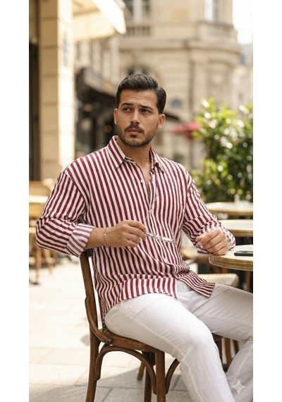 Etiler Collection Erkek Dikey Çizgili Yarım Oversize Gömlek Bordo