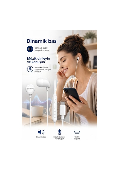 Philips Uyumlu Tae2146wt/00 Beyaz Type-c Kablolu Kulak İçi Kulaklık -