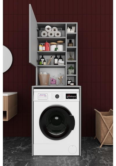 Asra Trend Çamaşır Makinesi Üstü Banyo Dolabı BD-02 %100 MDF Kapaklı Organizer Raf Kül Gri