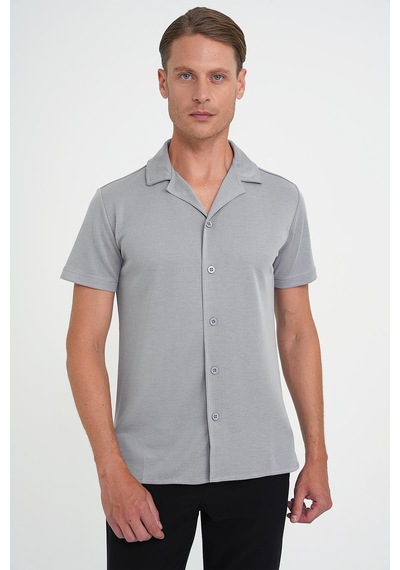 Efor Slim Fit Apaş Yaka Modal Karışımlı Kısa Kol Gri Gömlek G 1590 Gri