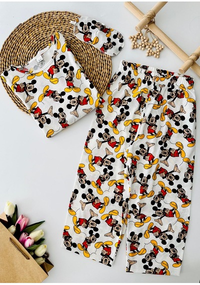 Miniğimin Cicileri Mcky Baskılı Pamuklu Kız Çocuk Pijama Takı... Beyaz