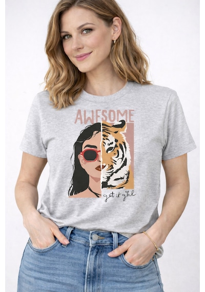 Herkesemoda Awesome Baskı Detaylı Kadın Bisiklet Yaka Pamuklu T-shirt Gri