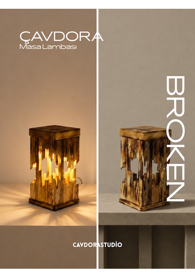 Masa Lambası - Abajur - Broken Yanık Ahşap