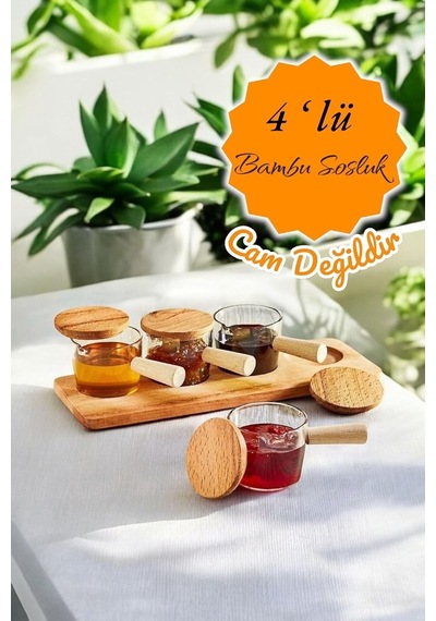 Tr 4 Adet Ahşap Saplı Standlı Mika Şeffaf Sunumluk Sosluk Reçellik Çerezlik Diğer