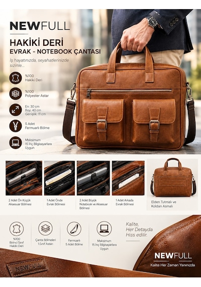 Newfull Hakiki Deri Erkek Kahve Evrak Notebook (Laptop) Çantası Kahverengi