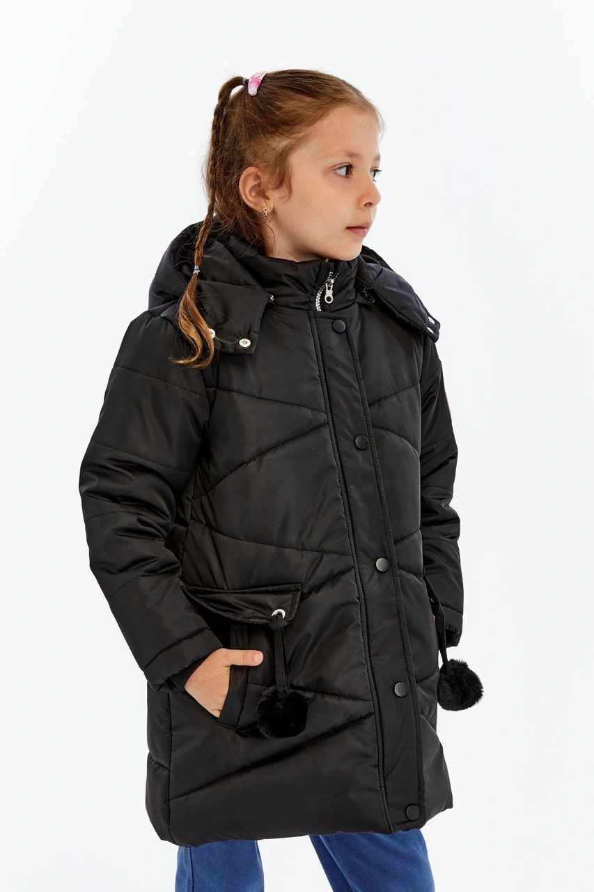 Benitto Kids Kapüşonlu Kışlık Ponpon Detaylı Kız Çocuk Kaban 51354 Siyah