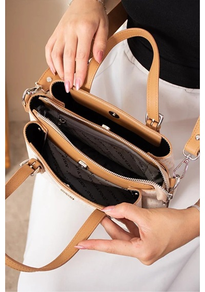 Just Polo Kadın Kabartma Desenli Lüks Omuz Çantası Shoulder Bag Krem - Taba