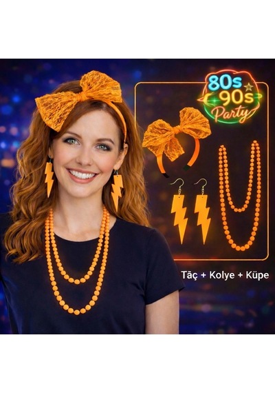 Tedar 80 Ler 90 Lar Neon Turuncu Parti Seti Kolye Küpe Taç Najmaddin "