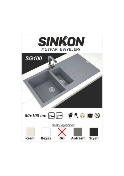 Sinkon Gri Granit Eviye 50 x 100 / 1.5 Göz - Sg100 - Sinkon