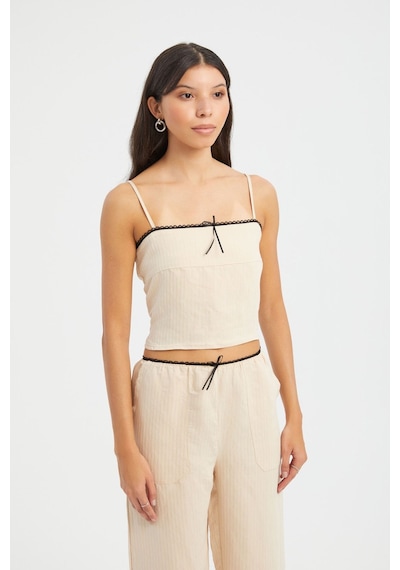 Hiccup Çizgili Kare Yaka Askılı Crop Top Krem Doğal